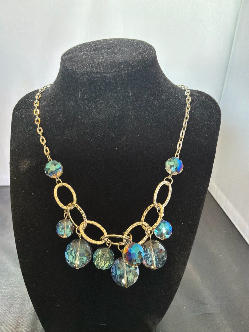 Chain Necklace with Iridescent Blue Crystal Drops